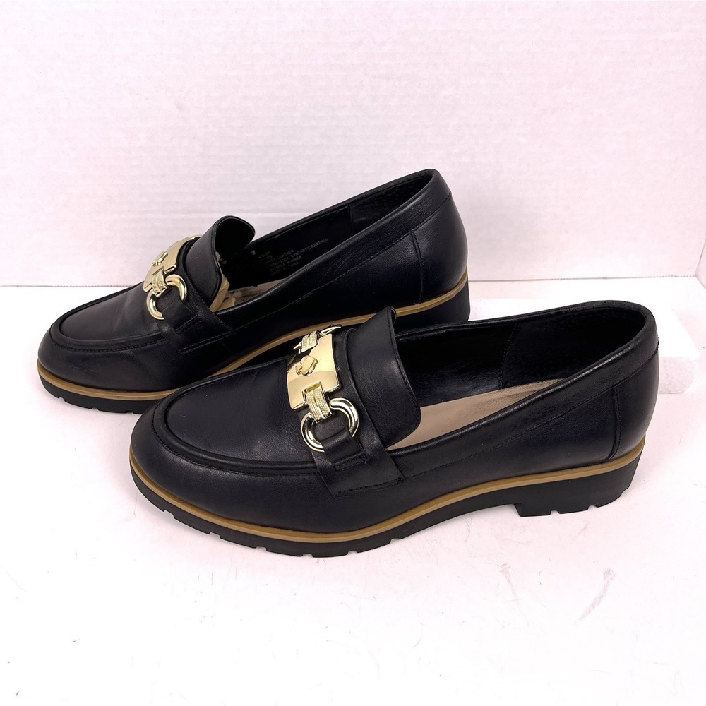 Kate Spade Kolby Black Leather Loafers 7.5M Gold Horsebit Lug Sole Flats Womens